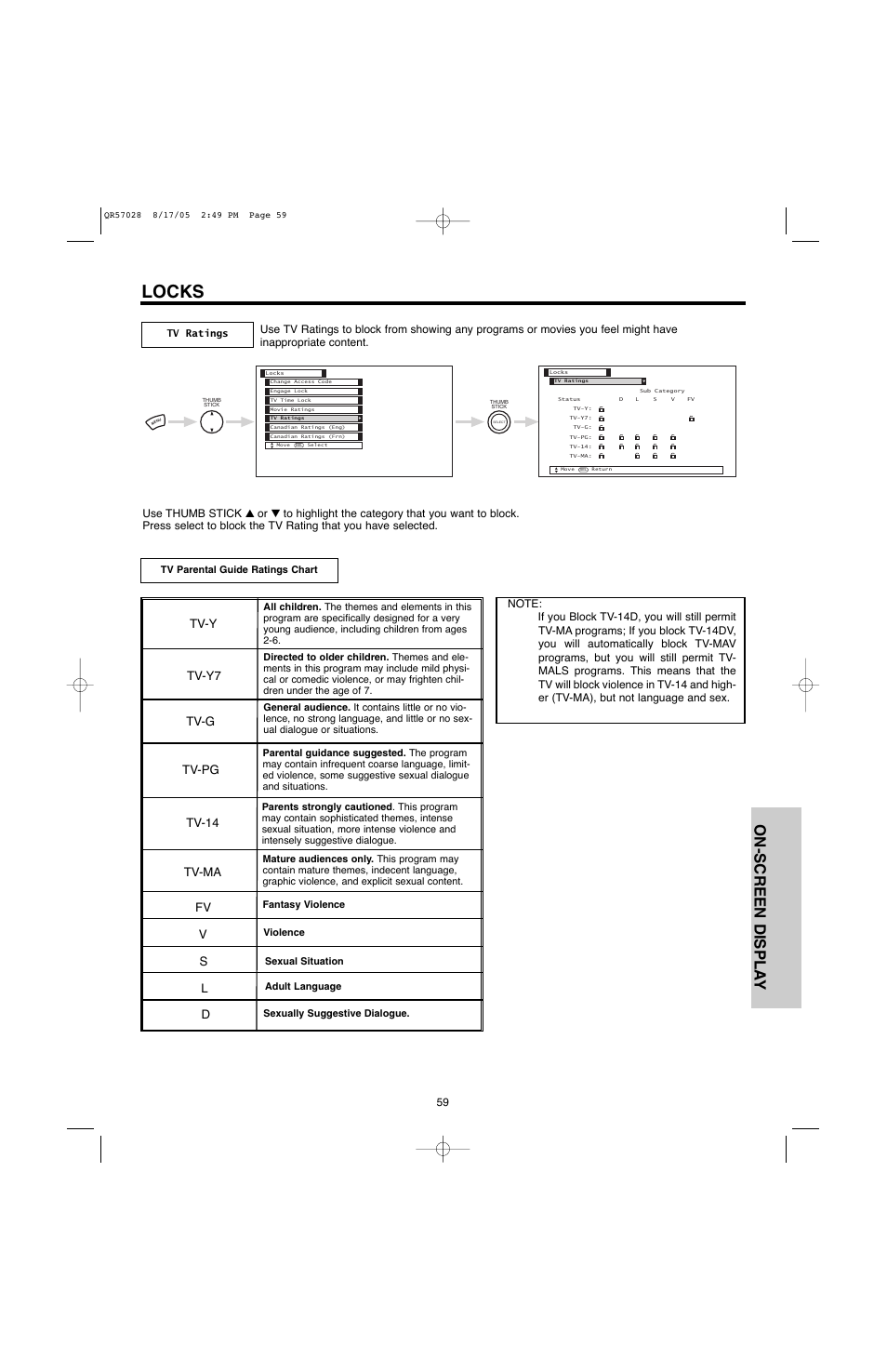 Locks, On-screen displa y, Tv-y tv-y7 tv-g tv-pg tv-14 tv-ma | Hitachi 60V500E User Manual | Page 59 / 84