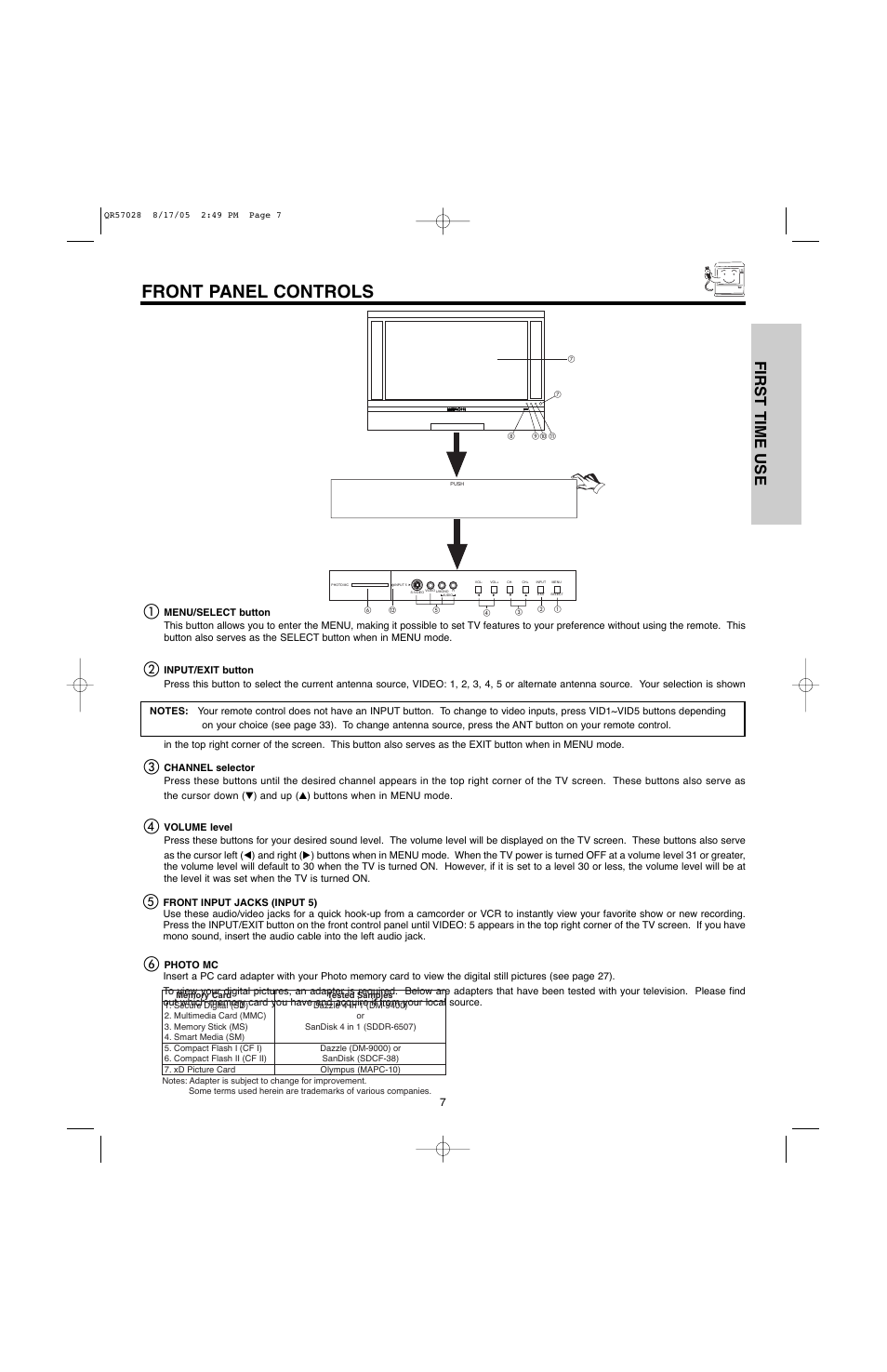 Front panel controls, First time use, Push | Hitachi 60V500E User Manual | Page 7 / 84