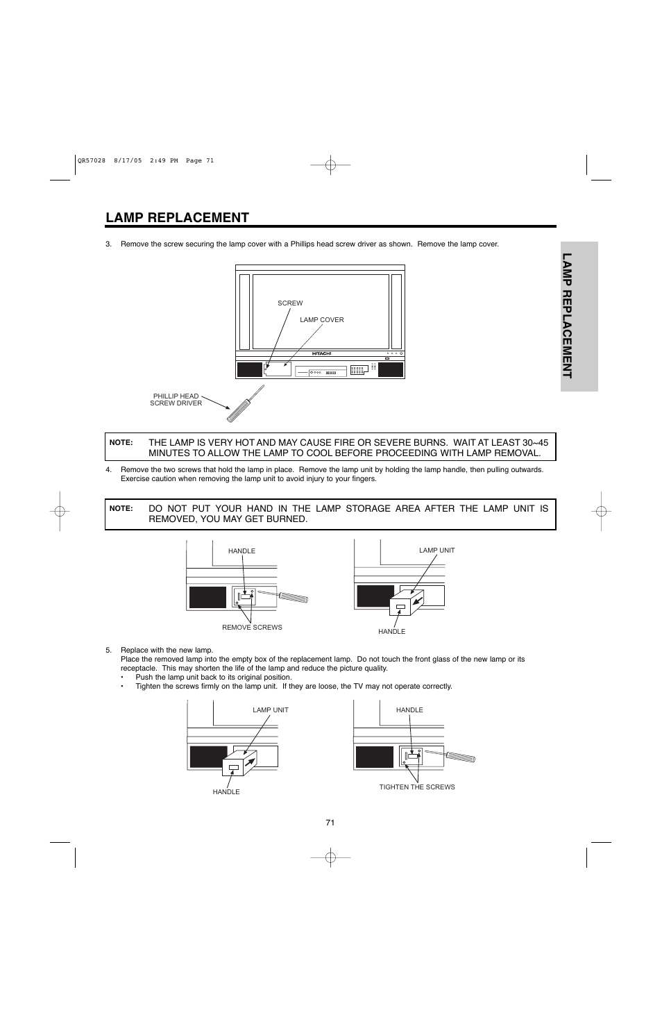 Lamp replacement | Hitachi 60V500E User Manual | Page 71 / 84