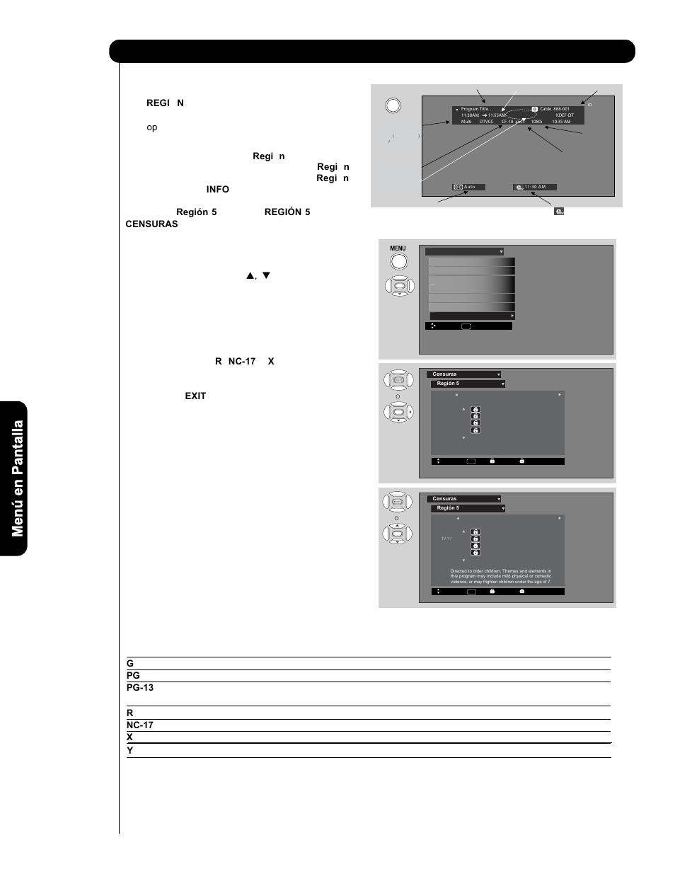 Censuras, Clasificación de región 5 (ejemplo) | Hitachi P50H401 User Manual | Page 110 / 144