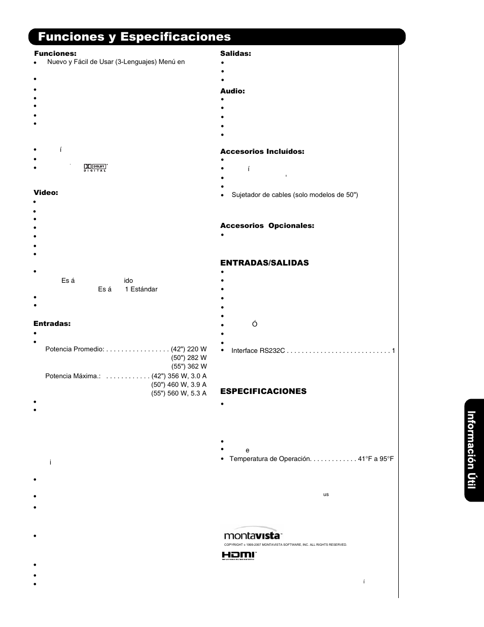 Funciones y especificaciones | Hitachi P50H401 User Manual | Page 123 / 144