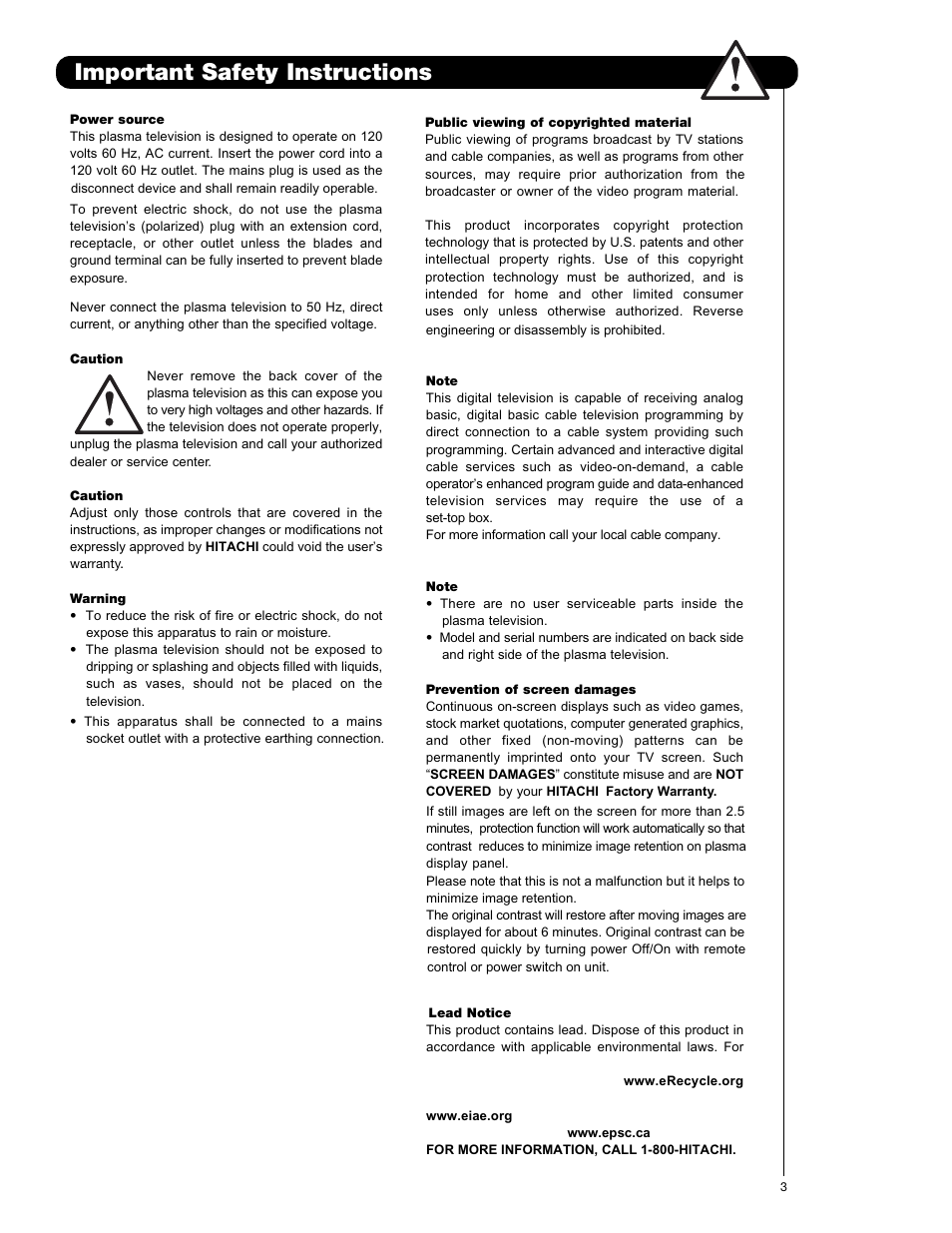 Important safety instructions | Hitachi P50H401 User Manual | Page 3 / 144