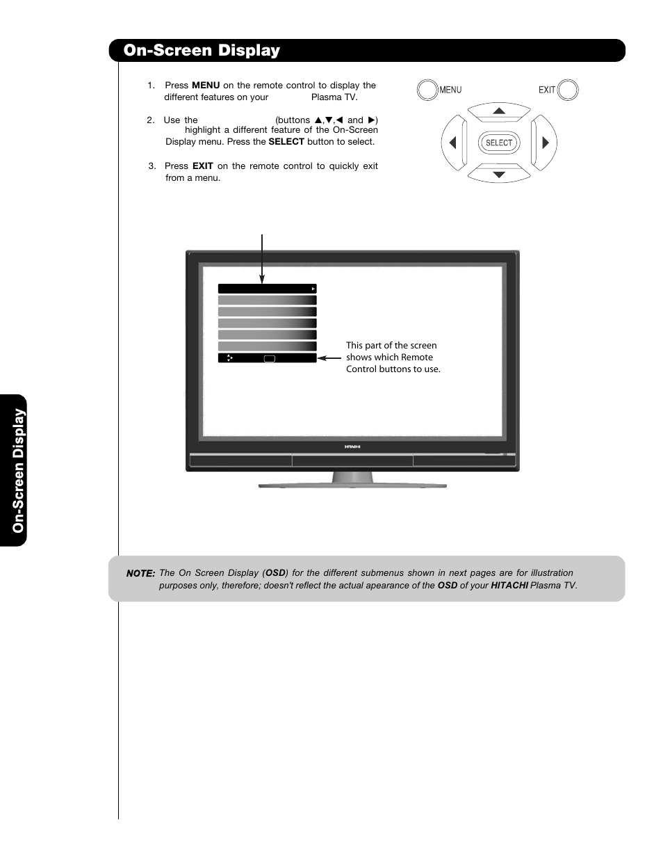 On-screen display | Hitachi P50H401 User Manual | Page 32 / 144