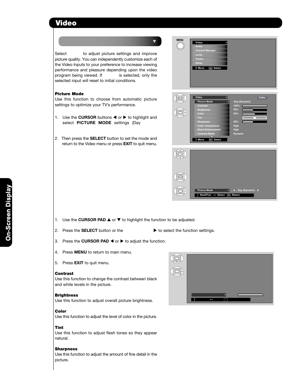 Video, On-scr een displ, On-scr een display | Hitachi P50H401 User Manual | Page 34 / 144