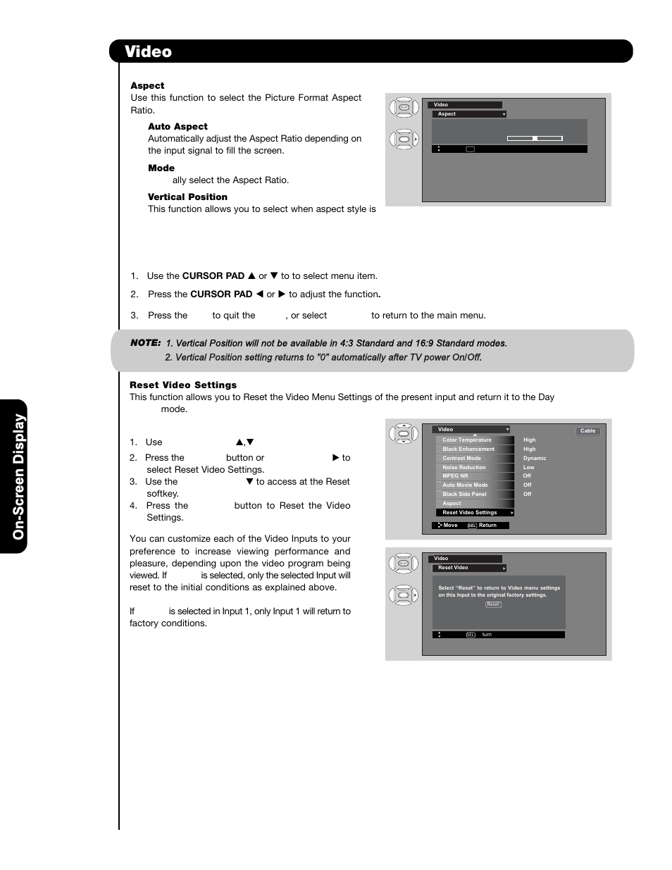 Video, On-scr een display | Hitachi P50H401 User Manual | Page 36 / 144