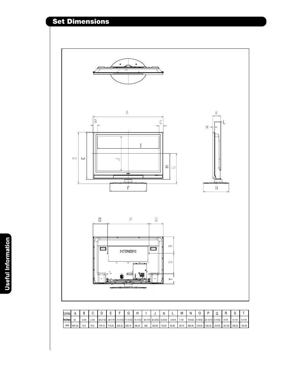 Set dimensions, Us e fu l in fo rm a ti o n | Hitachi P50H401 User Manual | Page 60 / 144