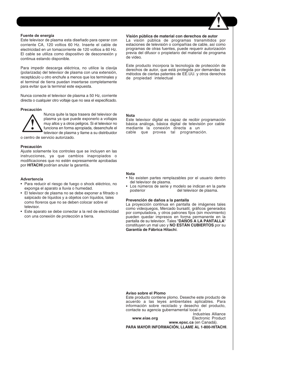 Instrucciones importantes de seguridad | Hitachi P50H401 User Manual | Page 67 / 144