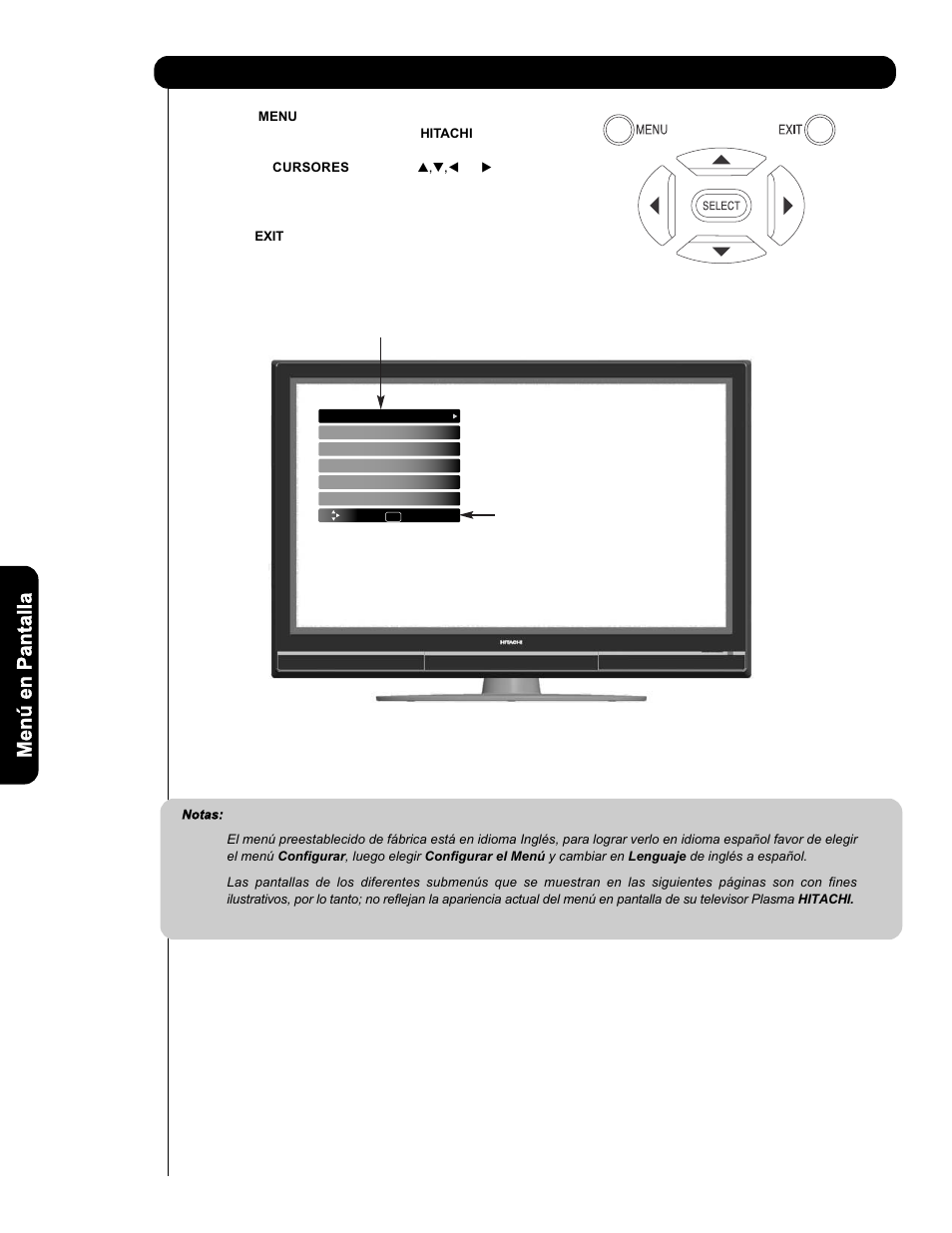 Menú en pantalla | Hitachi P50H401 User Manual | Page 96 / 144