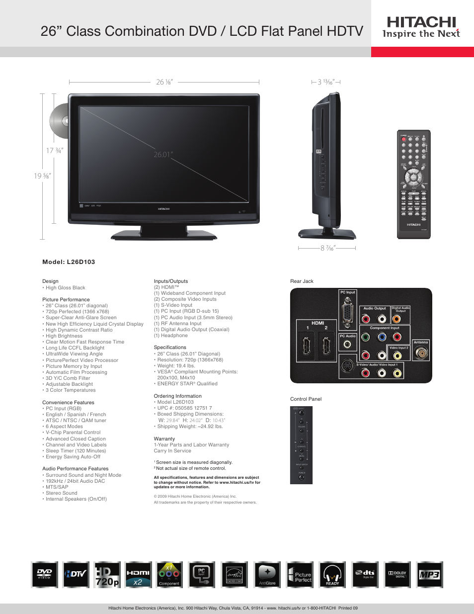 Hitachi L26D103 User Manual | 1 page