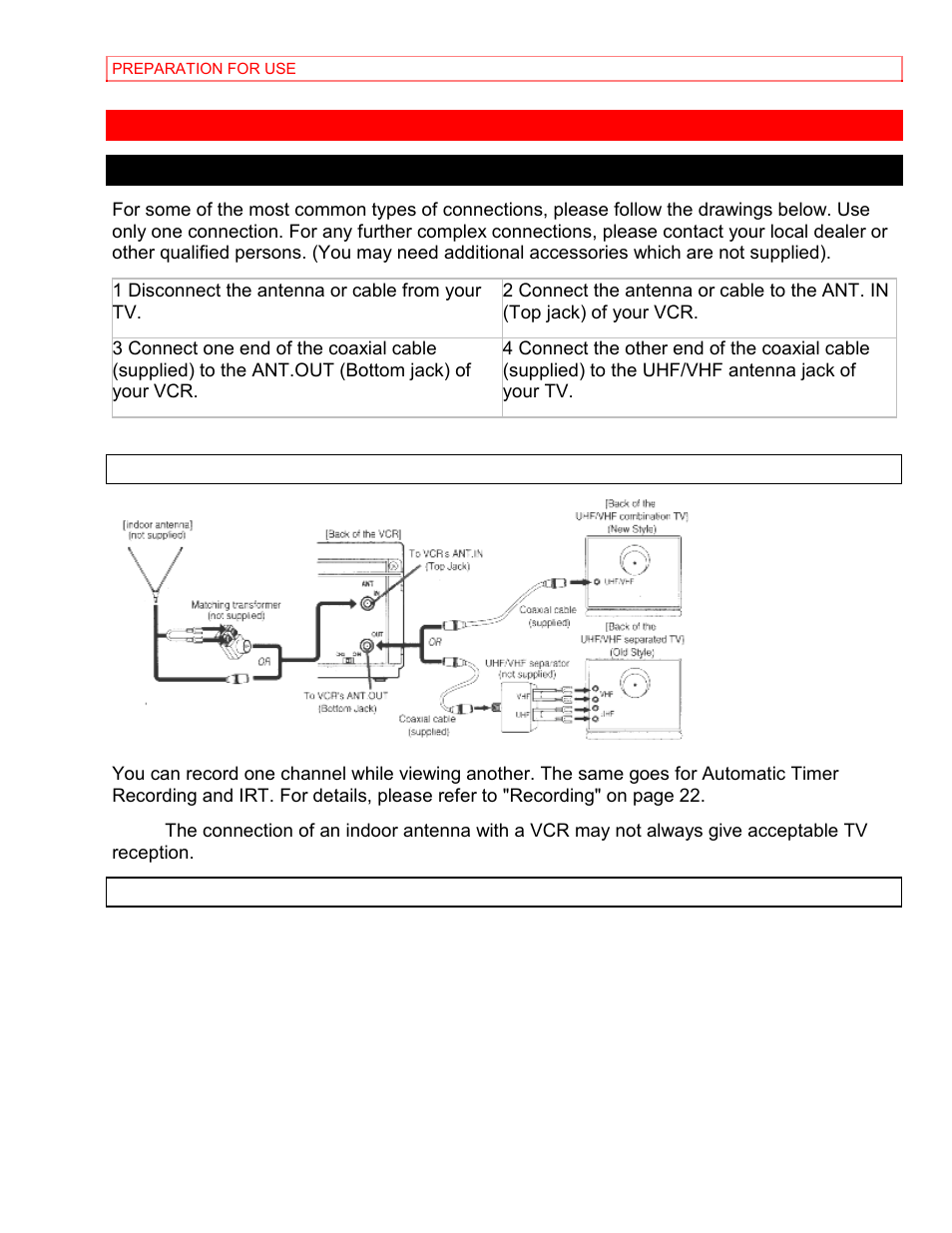 Preparation for use, Antenna/cable connections | Hitachi VT-MX4430A User Manual | Page 17 / 68