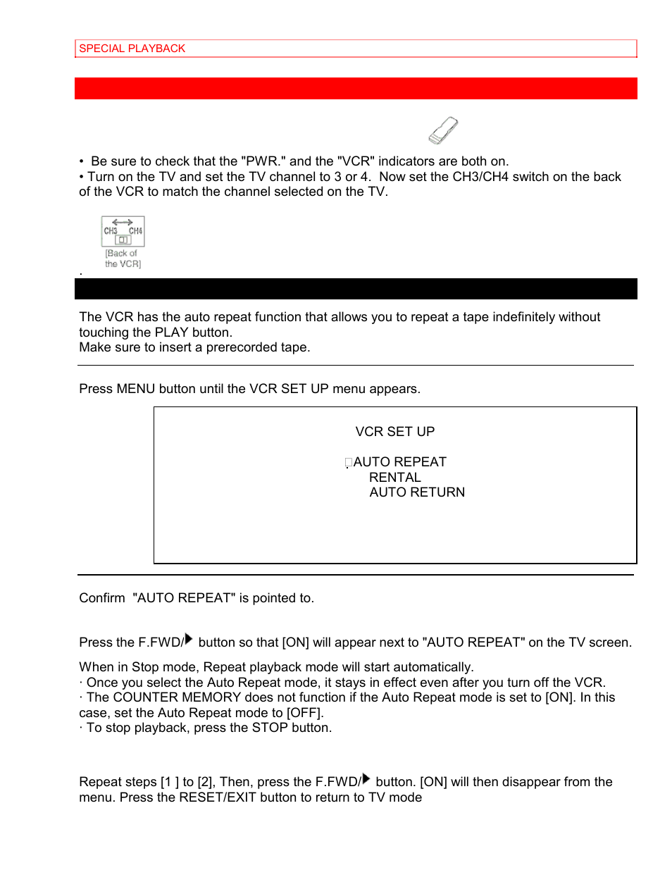 Special playback, Auto repeat playback to exit the auto repeat mode | Hitachi VT-MX4430A User Manual | Page 34 / 68