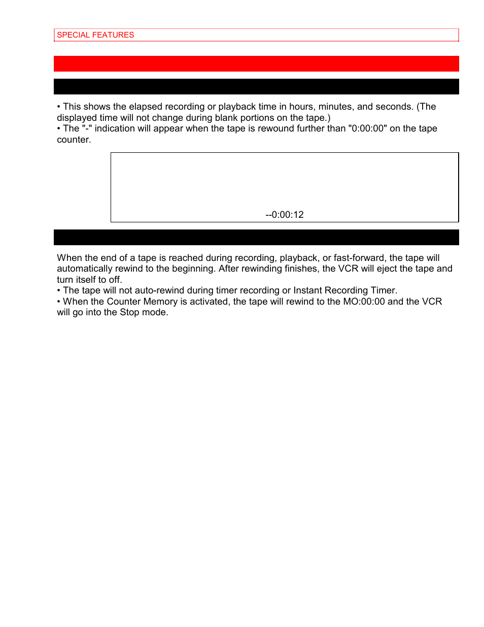 Special features, Real time tape counter auto rewind | Hitachi VT-MX4430A User Manual | Page 63 / 68