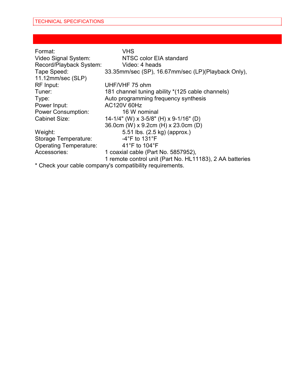 Technical specifications | Hitachi VT-MX4430A User Manual | Page 66 / 68