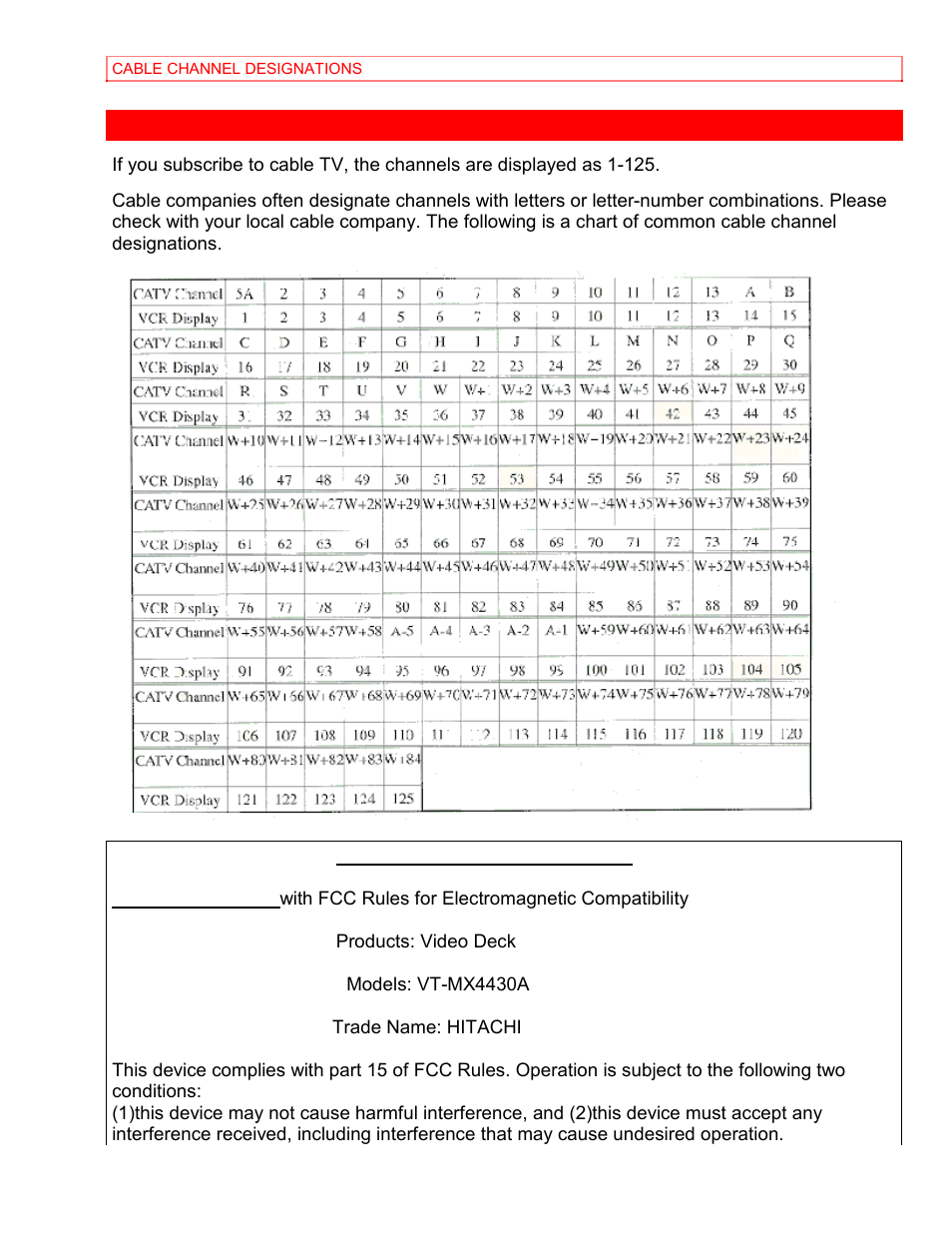 Cable channel designations | Hitachi VT-MX4430A User Manual | Page 67 / 68