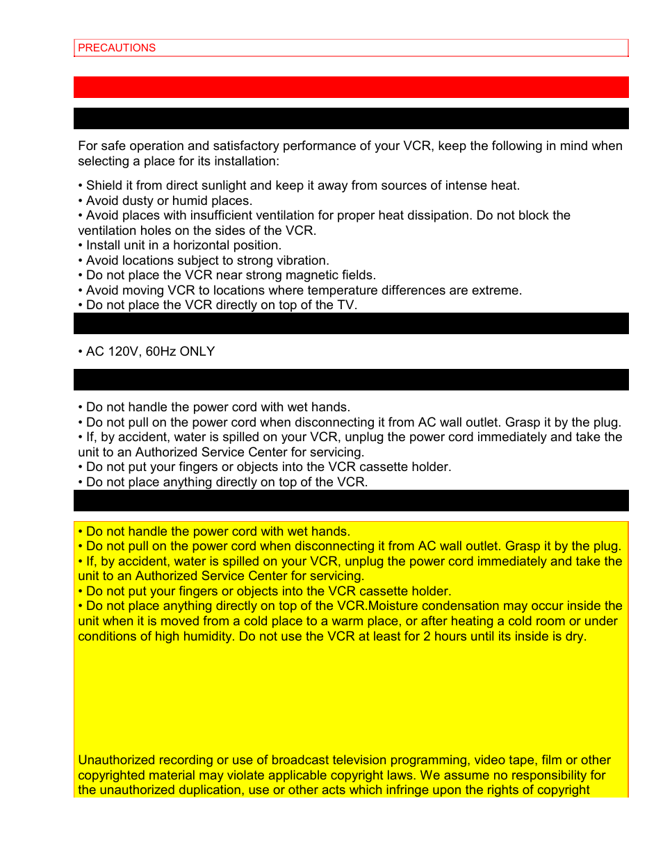 Precautions | Hitachi VT-MX4430A User Manual | Page 8 / 68