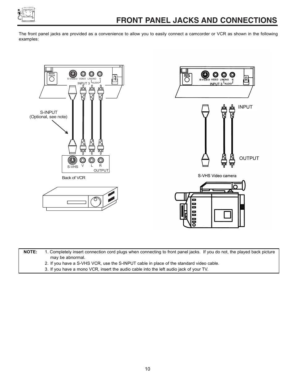 Front panel jacks and connections | Hitachi 53UDX10B User Manual | Page 10 / 68