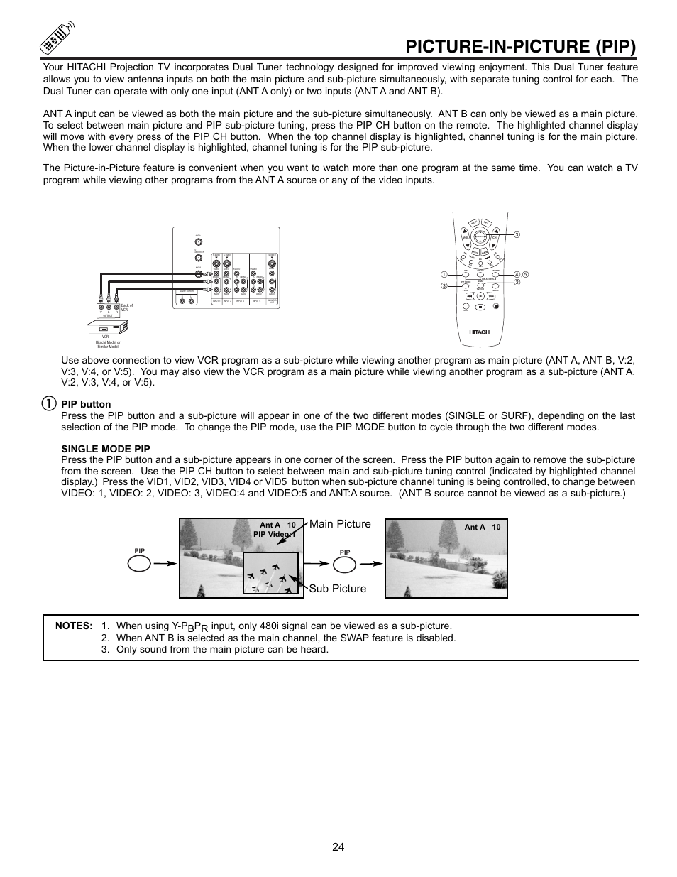 Picture-in-picture (pip), Main picture sub picture, Ant a 10 pip video:1 | Ant a 10 | Hitachi 53UDX10B User Manual | Page 24 / 68