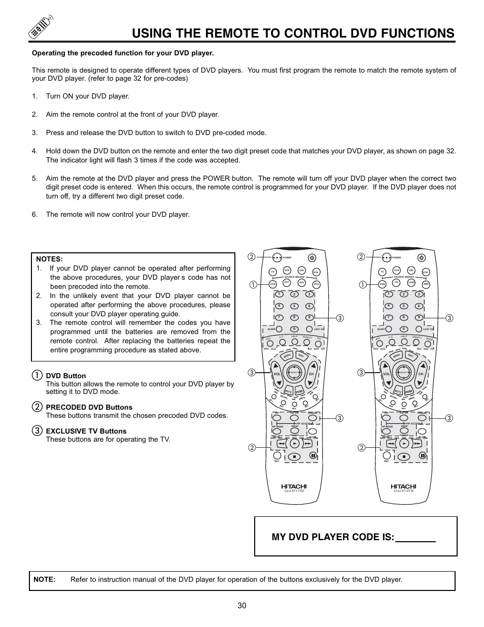 Using the remote to control dvd functions, My dvd player code is | Hitachi 53UDX10B User Manual | Page 30 / 68