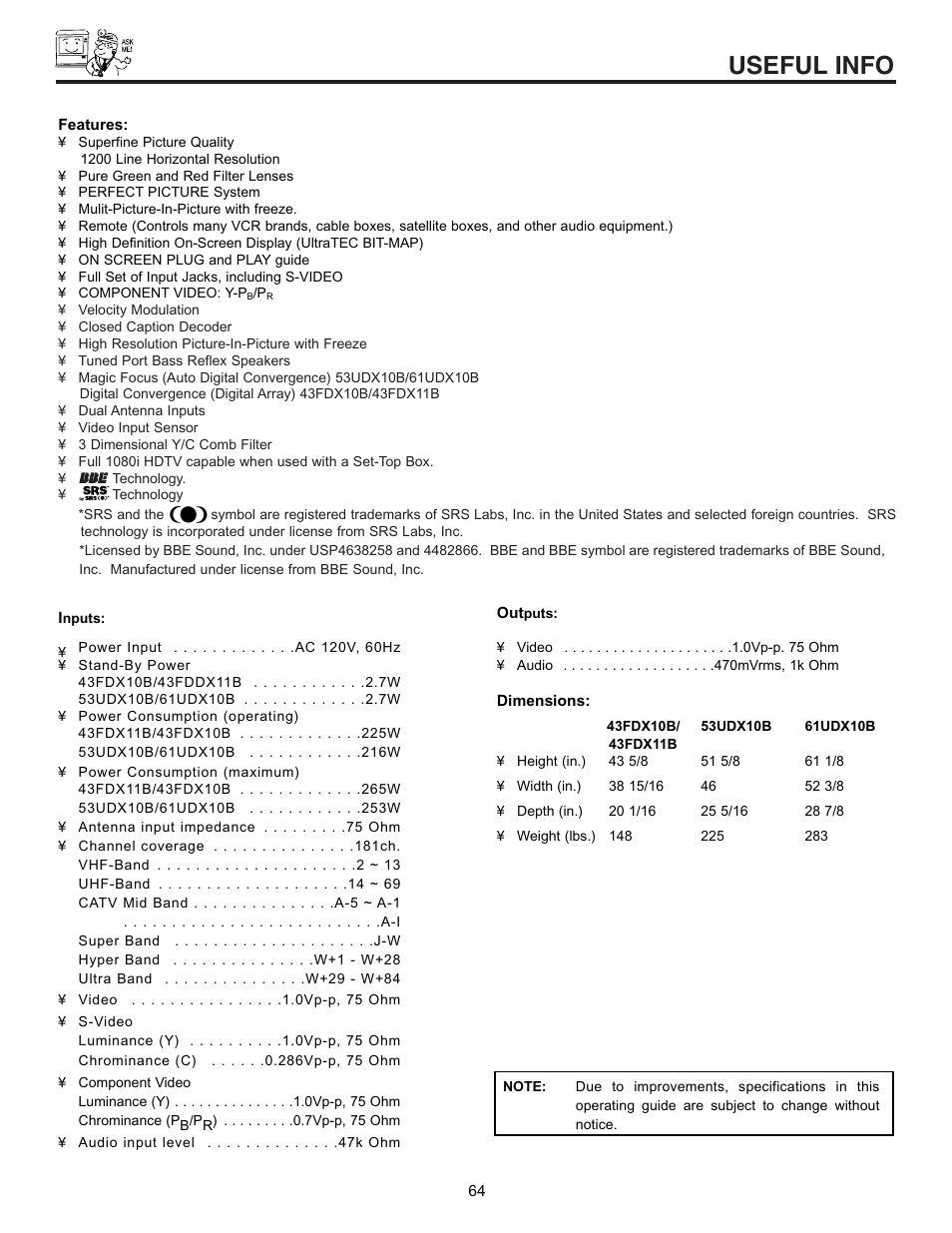 Useful info | Hitachi 53UDX10B User Manual | Page 64 / 68