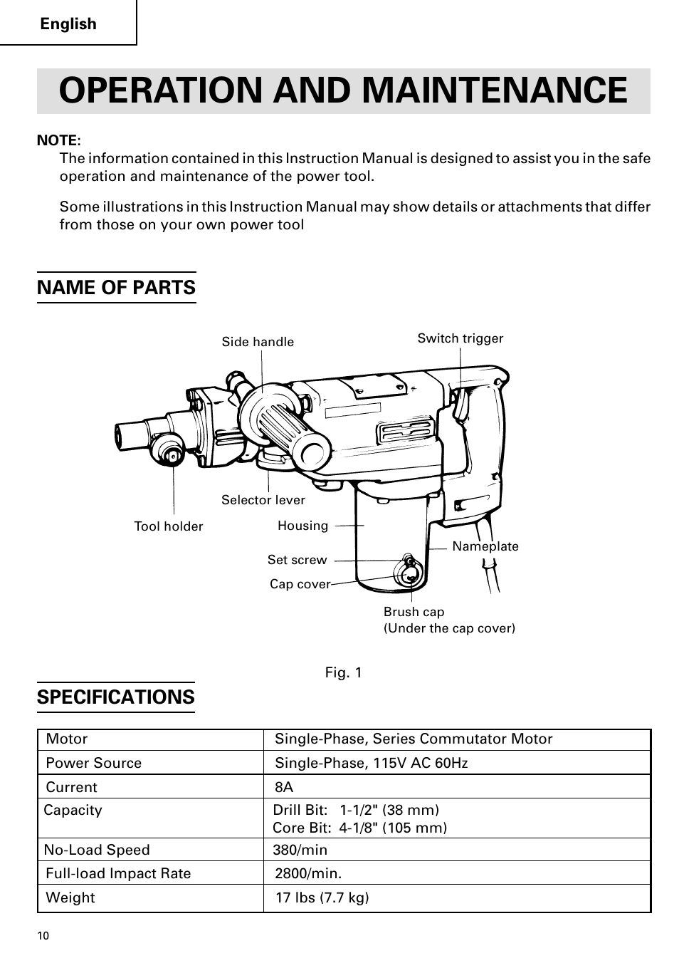 Operation and maintenance, Specifications, Name of parts | Hitachi DH 38YE User Manual | Page 10 / 64