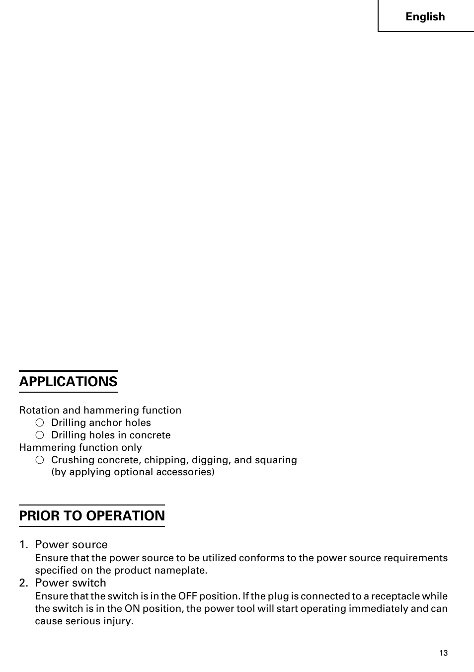 Applications, Prior to operation | Hitachi DH 38YE User Manual | Page 13 / 64