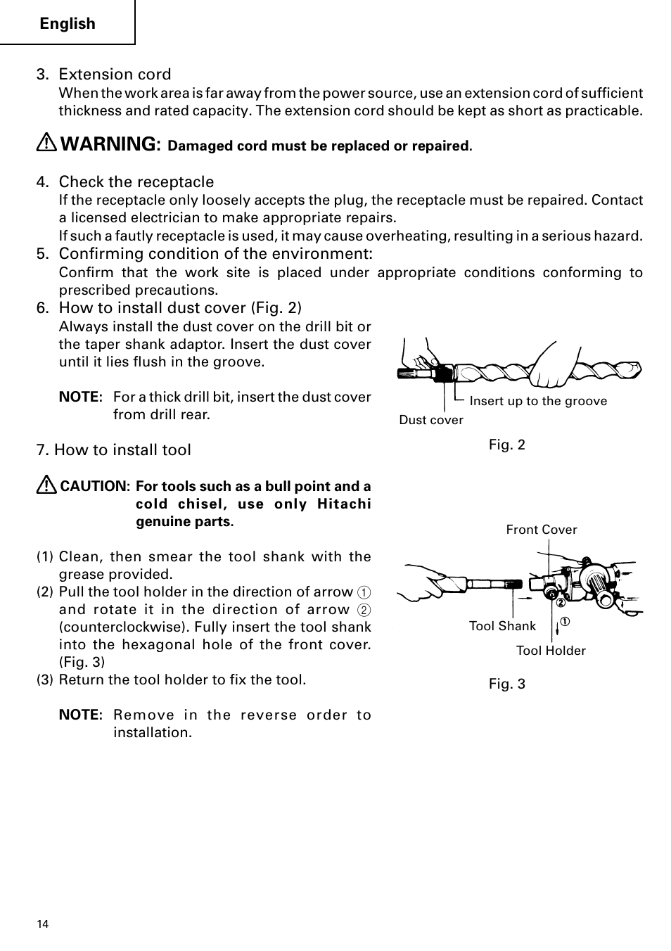 Warning | Hitachi DH 38YE User Manual | Page 14 / 64