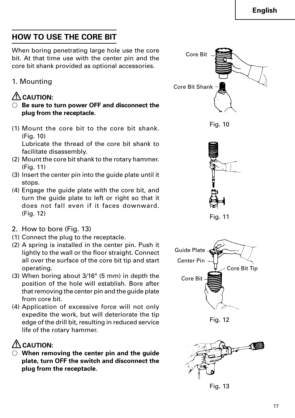 How to use the core bit | Hitachi DH 38YE User Manual | Page 17 / 64