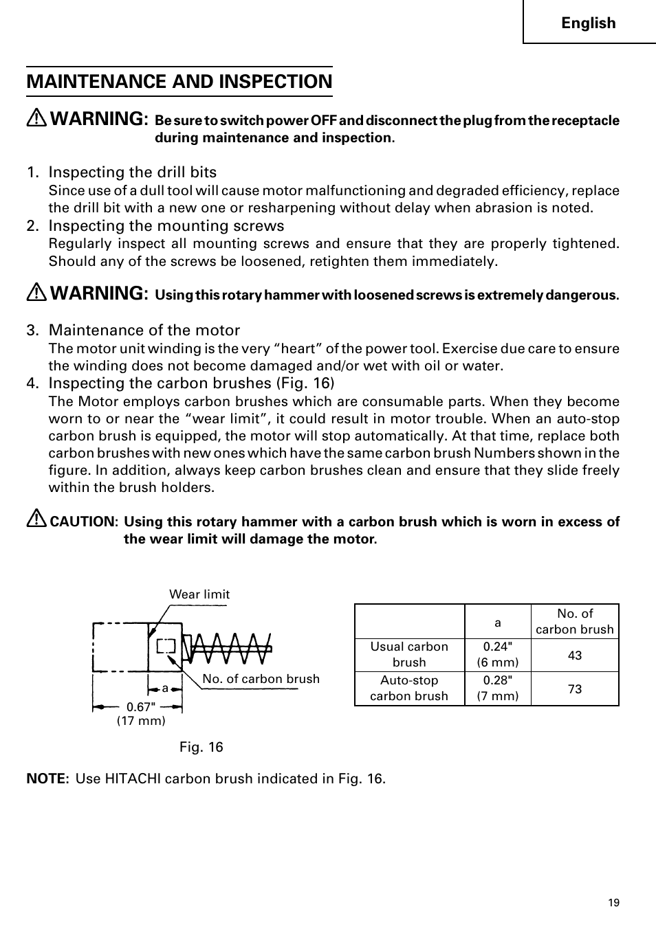 Maintenance and inspection warning, Warning | Hitachi DH 38YE User Manual | Page 19 / 64