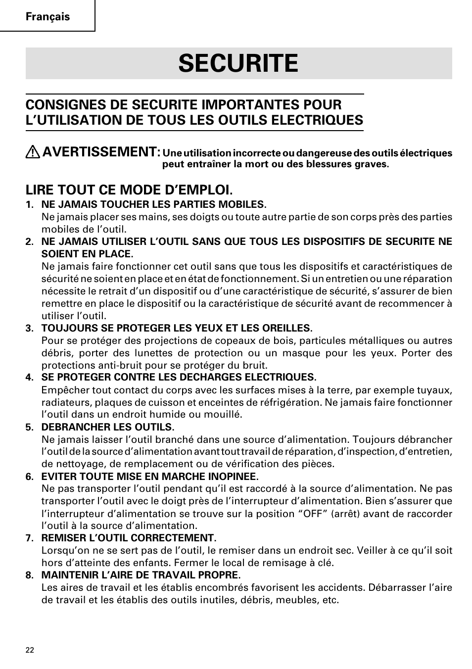 Securite, Lire tout ce mode d’emploi | Hitachi DH 38YE User Manual | Page 22 / 64