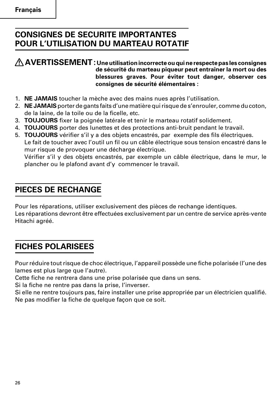 Pieces de rechange, Fiches polarisees | Hitachi DH 38YE User Manual | Page 26 / 64