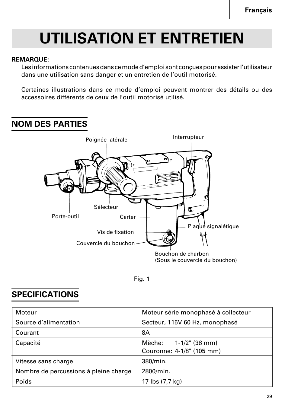 Utilisation et entretien, Nom des parties specifications | Hitachi DH 38YE User Manual | Page 29 / 64
