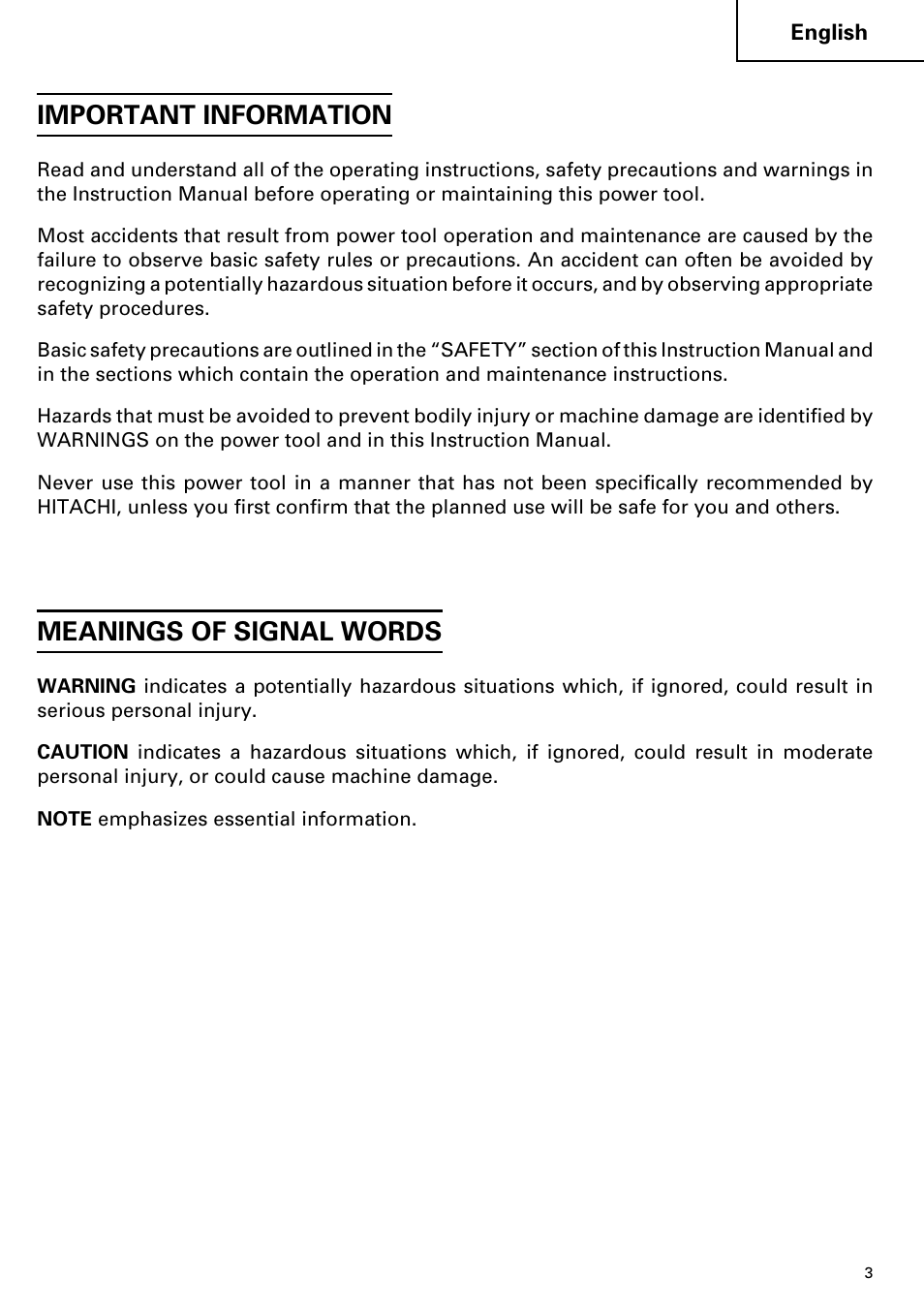 Important information, Meanings of signal words | Hitachi DH 38YE User Manual | Page 3 / 64