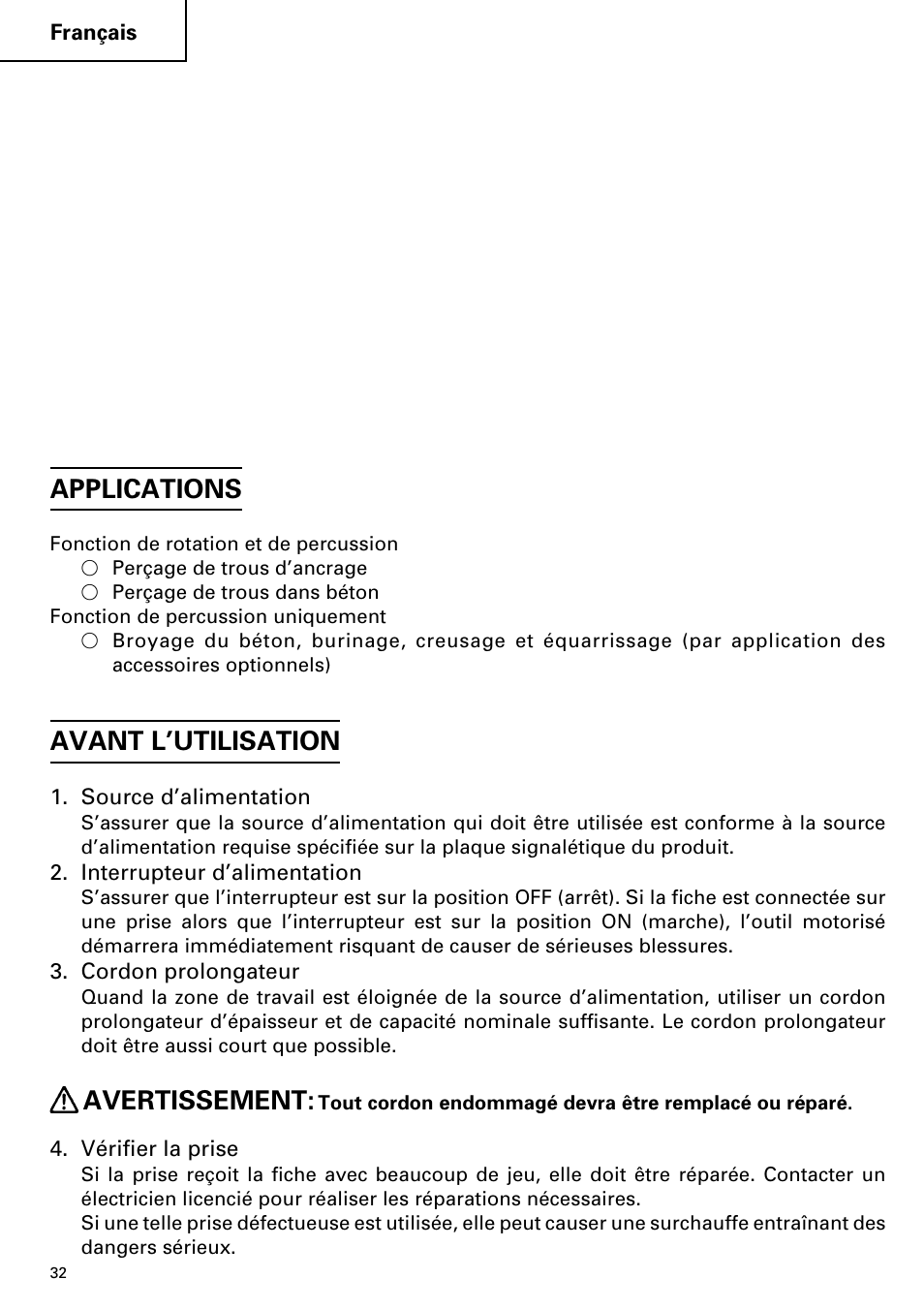 Applications, Avant l’utilisation, Avertissement | Hitachi DH 38YE User Manual | Page 32 / 64