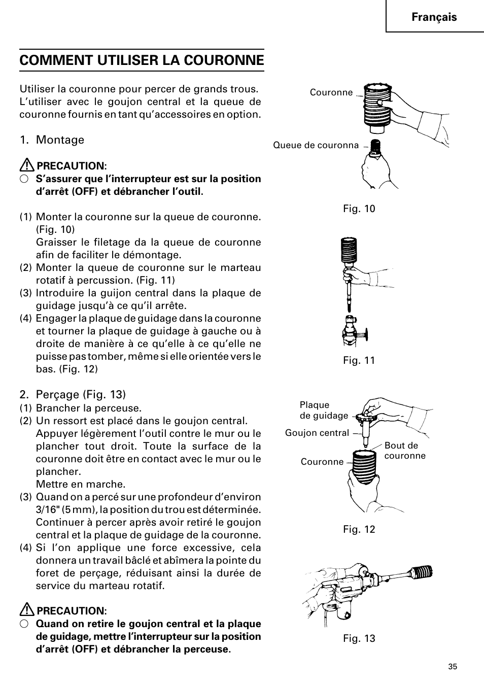 Comment utiliser la couronne | Hitachi DH 38YE User Manual | Page 35 / 64