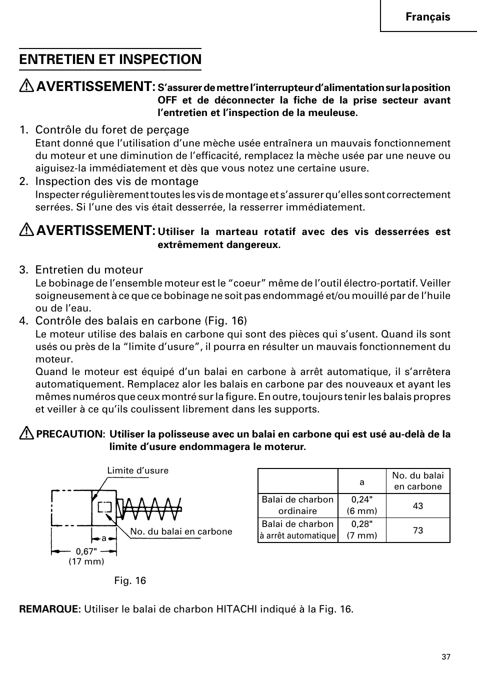 Entretien et inspection avertissement, Avertissement | Hitachi DH 38YE User Manual | Page 37 / 64