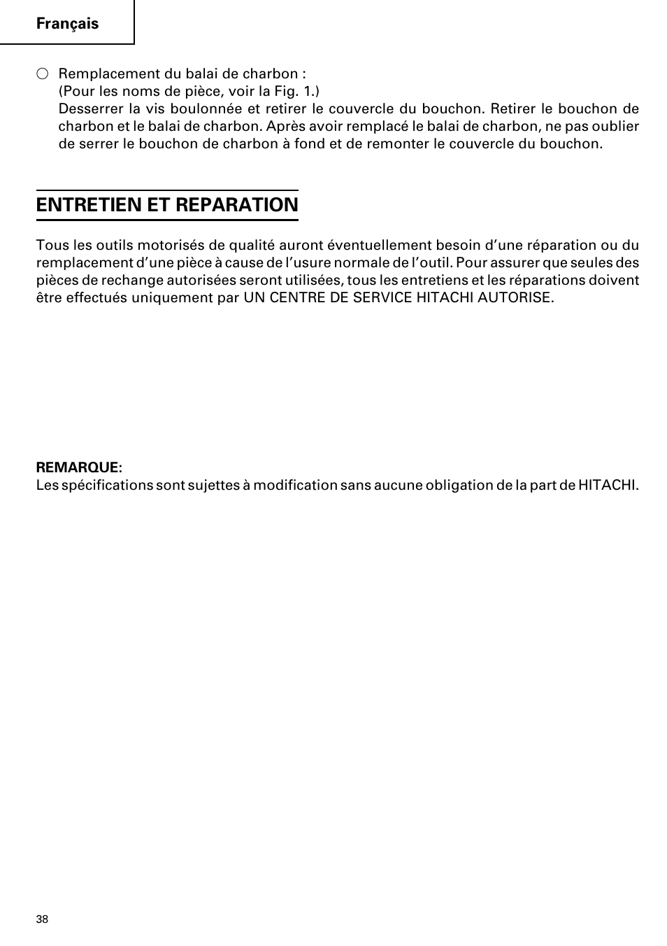 Entretien et reparation | Hitachi DH 38YE User Manual | Page 38 / 64