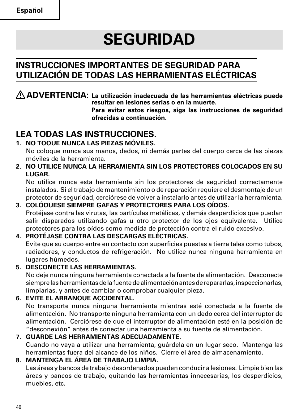 Seguridad, Lea todas las instrucciones | Hitachi DH 38YE User Manual | Page 40 / 64