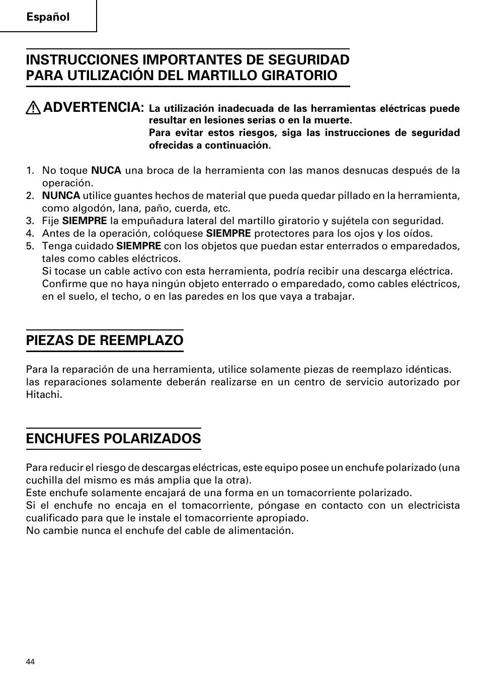 Piezas de reemplazo, Enchufes polarizados | Hitachi DH 38YE User Manual | Page 44 / 64
