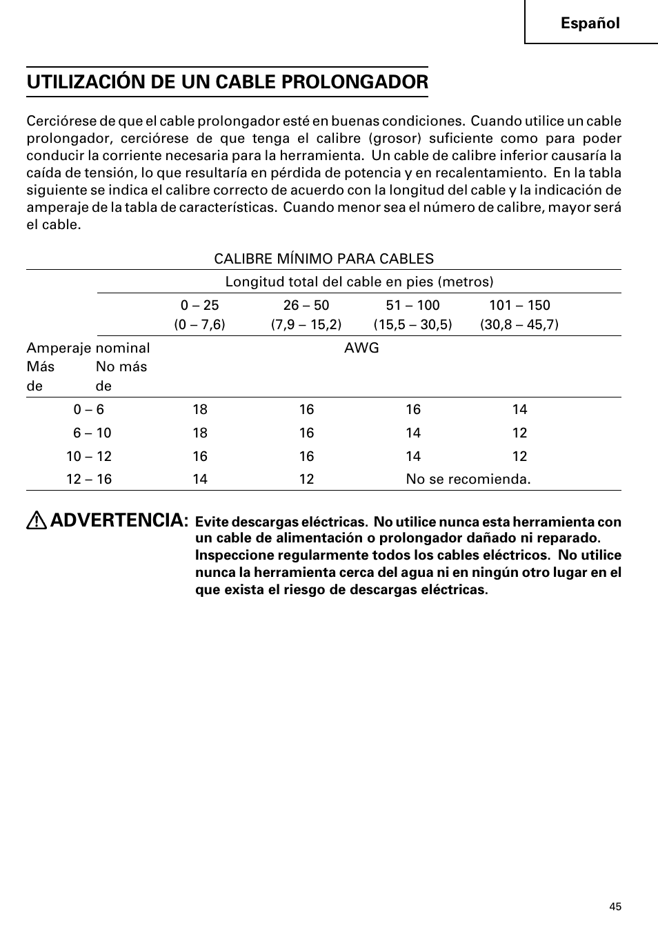 Utilización de un cable prolongador, Advertencia | Hitachi DH 38YE User Manual | Page 45 / 64