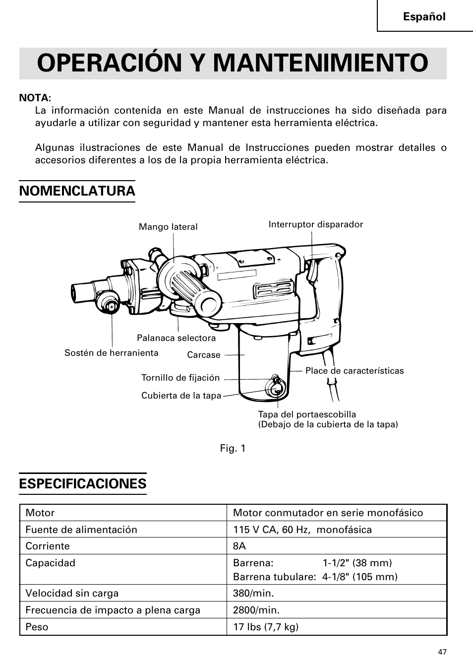 Operación y mantenimiento, Nomenclatura, Especificaciones | Hitachi DH 38YE User Manual | Page 47 / 64