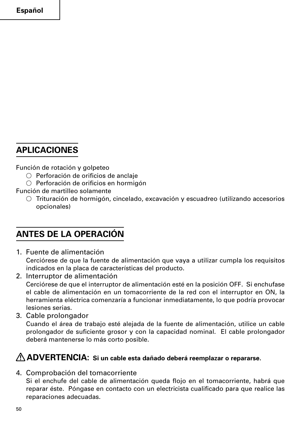 Aplicaciones, Antes de la operación, Advertencia | Hitachi DH 38YE User Manual | Page 50 / 64