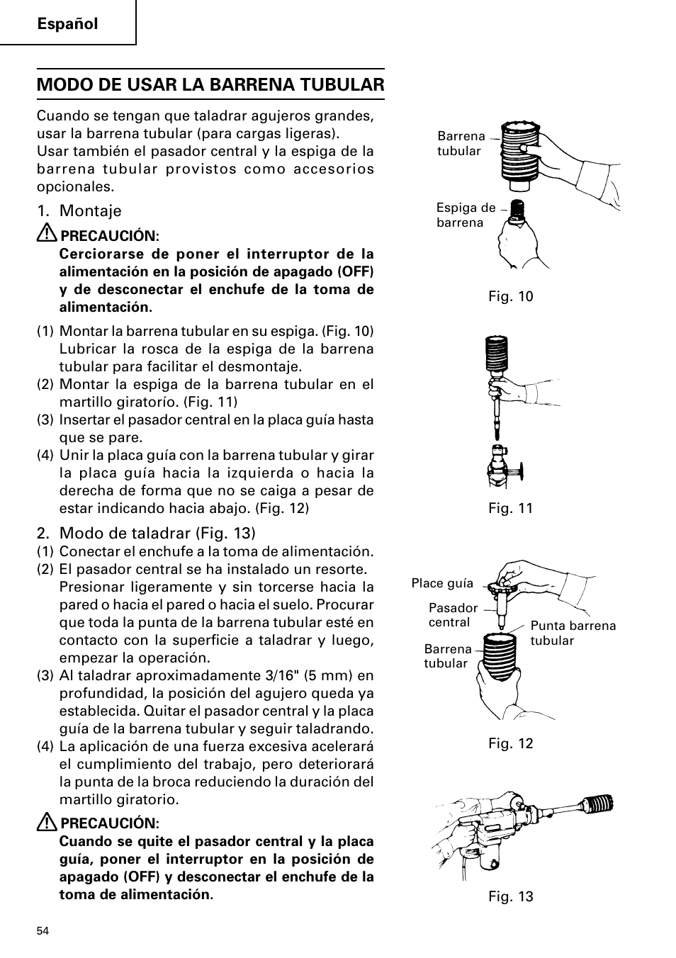 Modo de usar la barrena tubular | Hitachi DH 38YE User Manual | Page 54 / 64