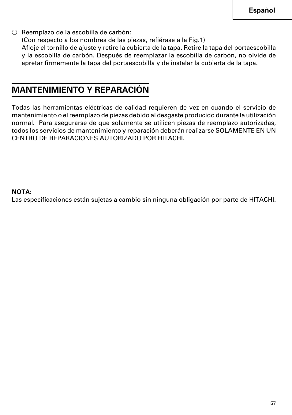 Mantenimiento y reparación | Hitachi DH 38YE User Manual | Page 57 / 64