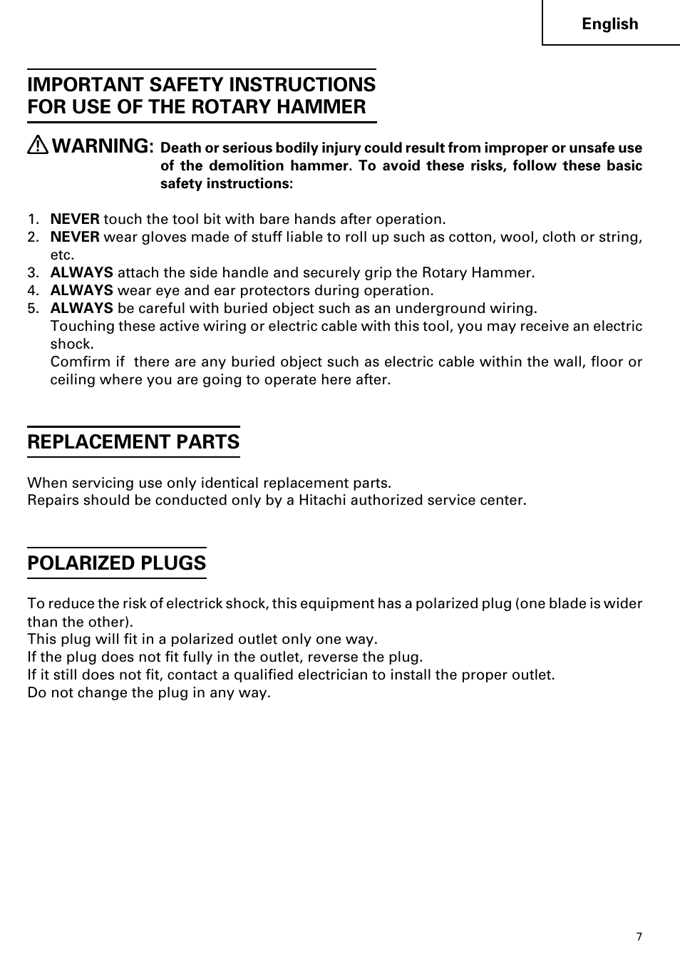 Replacement parts, Polarized plugs | Hitachi DH 38YE User Manual | Page 7 / 64