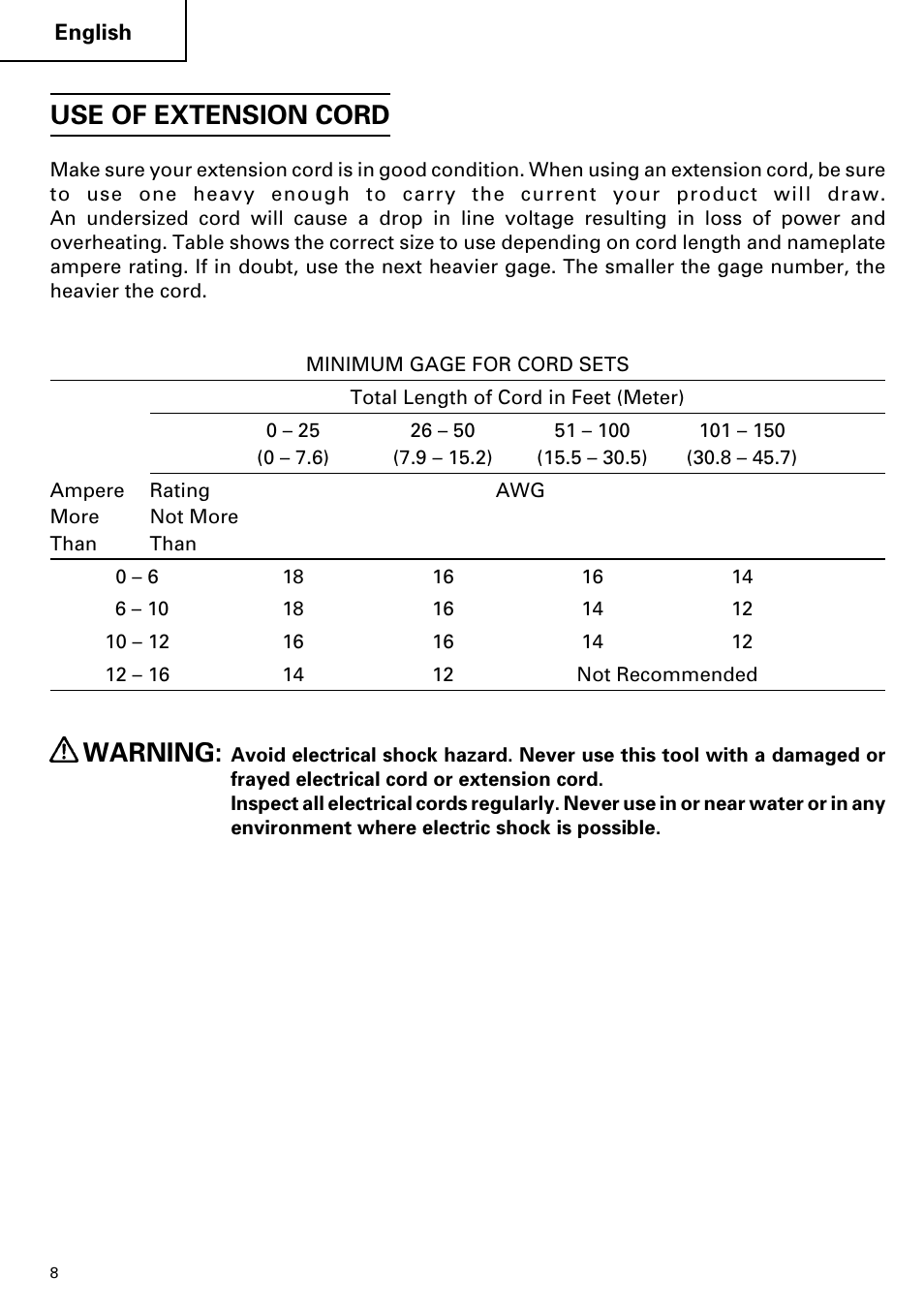 Use of extension cord, Warning | Hitachi DH 38YE User Manual | Page 8 / 64