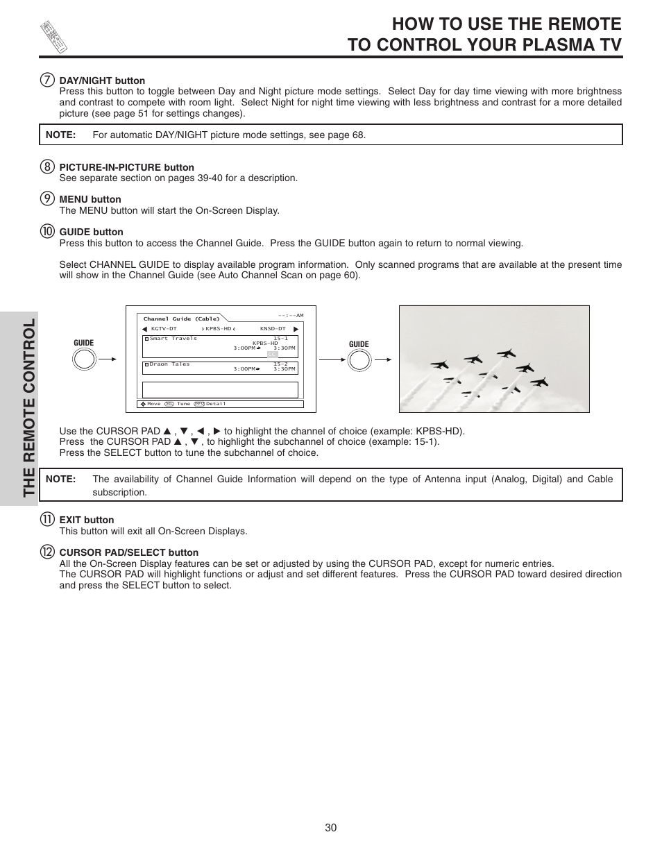 How to use the remote to control your plasma tv, The remote control | Hitachi 55HDT51 User Manual | Page 30 / 100