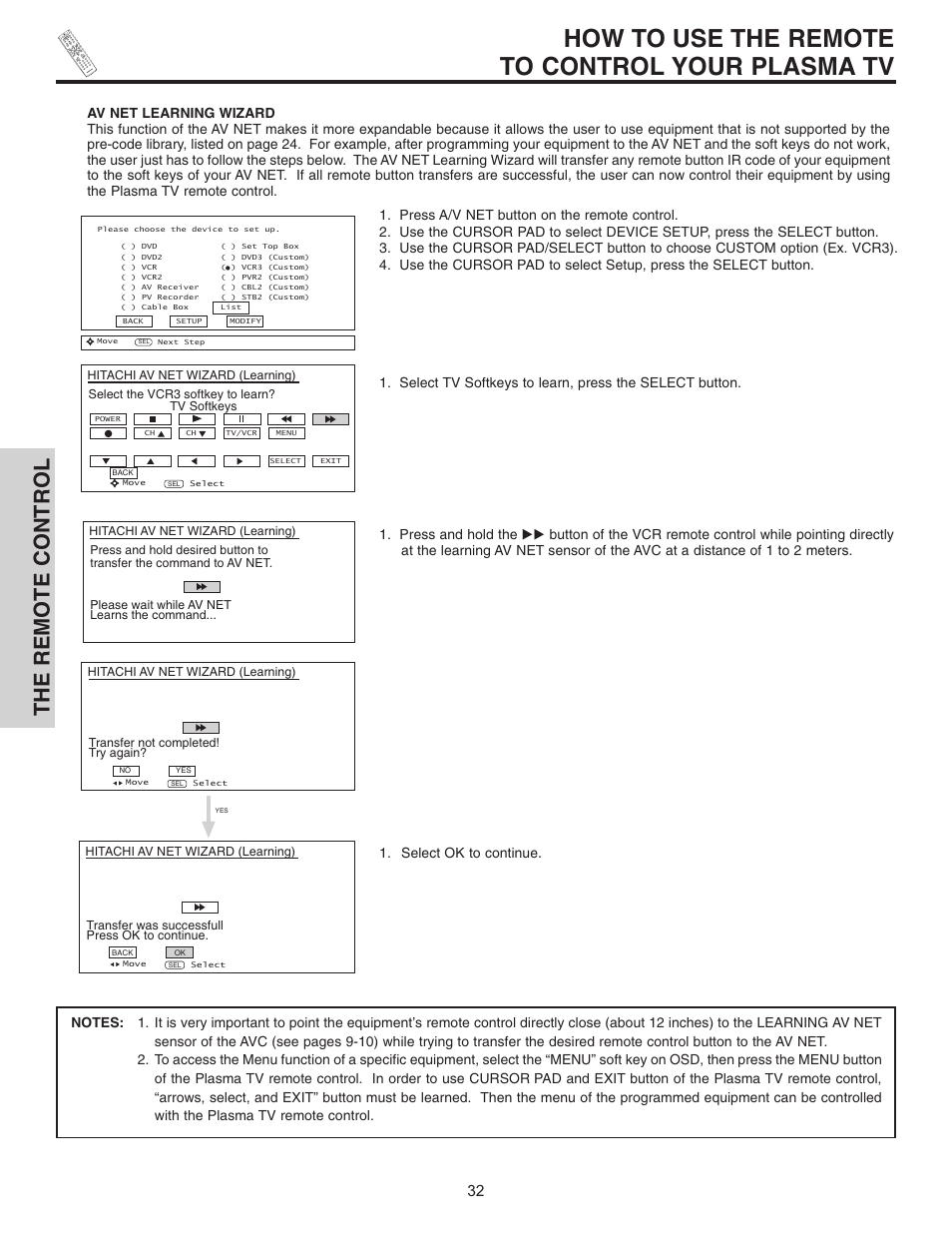 How to use the remote to control your plasma tv, The remote control | Hitachi 55HDT51 User Manual | Page 32 / 100