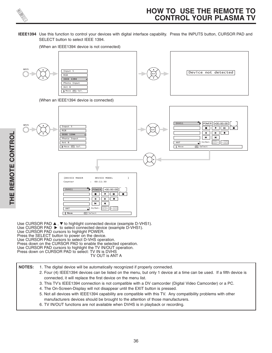 How to use the remote to control your plasma tv, The remote control | Hitachi 55HDT51 User Manual | Page 36 / 100