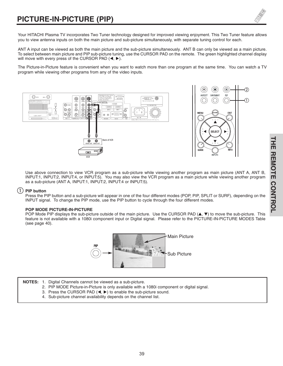 Picture-in-picture (pip), The remote control | Hitachi 55HDT51 User Manual | Page 39 / 100