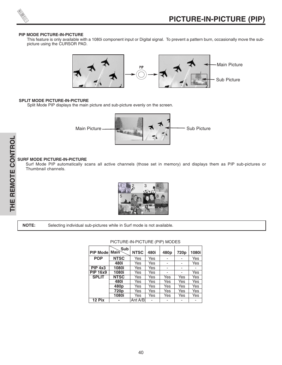Picture-in-picture (pip), The remote control | Hitachi 55HDT51 User Manual | Page 40 / 100